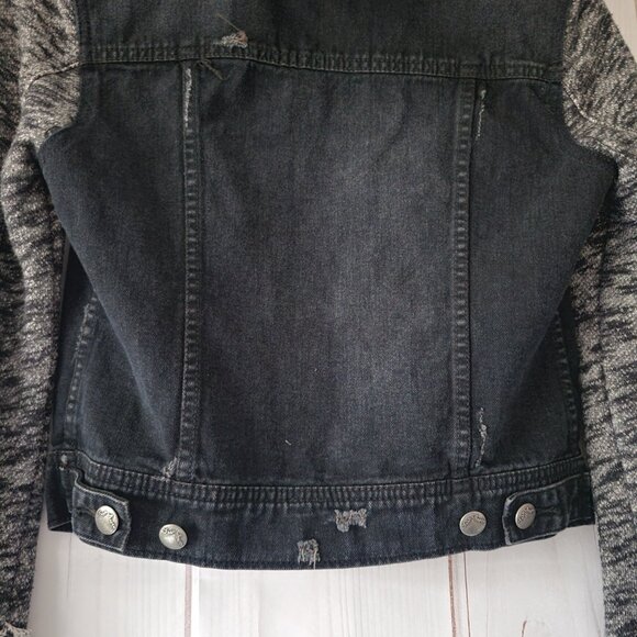 Free People Distressed Knit/Denim Jean Jacket, Women’s XS, Black, Removable Hood - Picture 5 of 10